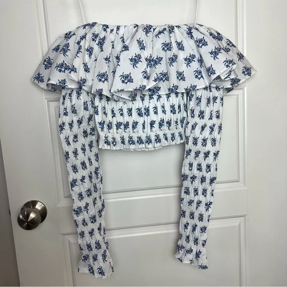 NWT caroline constas lydia off the shoulder top in blue toile spot